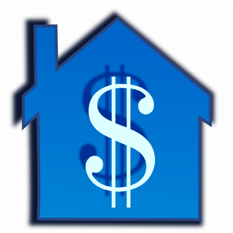 A blue house with a dollar sign in the middle of it.