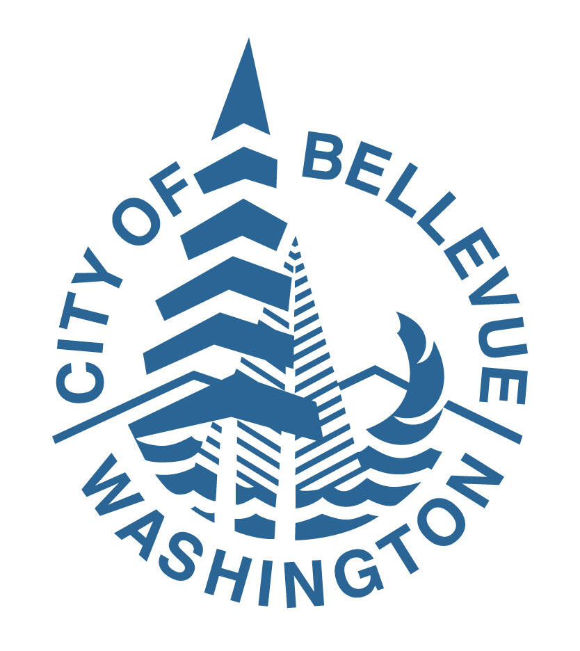 A blue circle with the city of bellevue in it.
