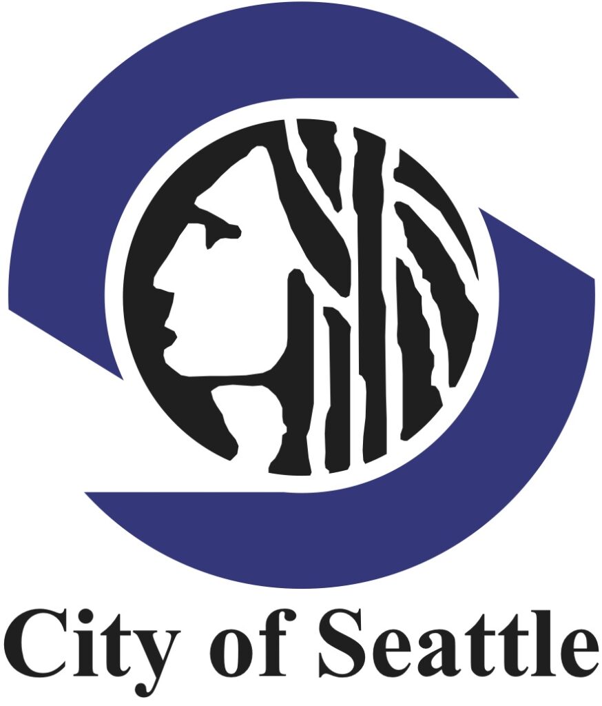 A blue circle with the city of seattle logo in it.