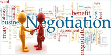 A person holding something in front of the word negotiation.