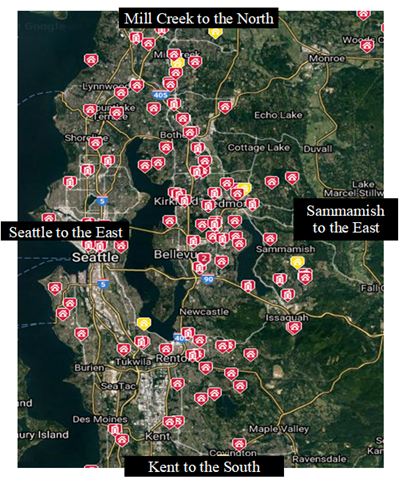 A map of seattle and surrounding area with locations marked.