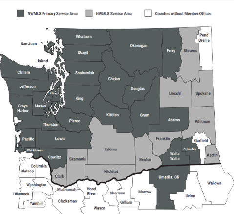 A map of washington state with the names of each county.